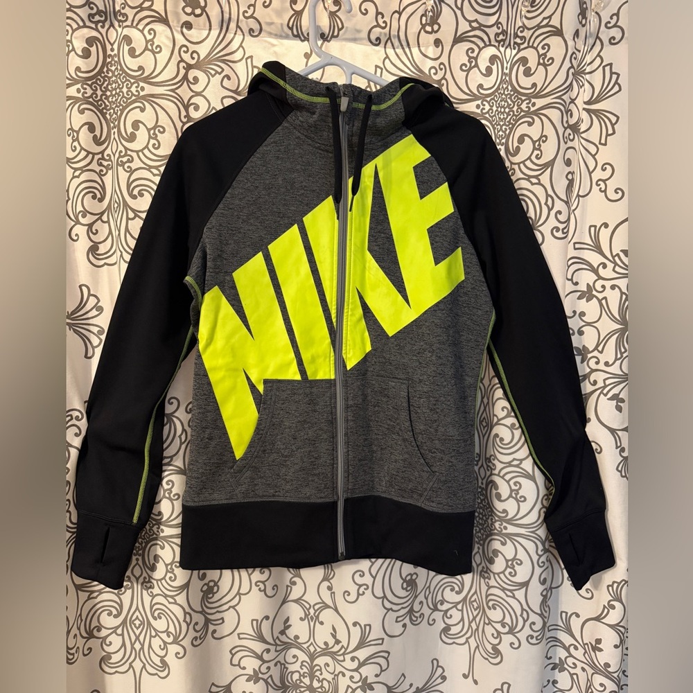 Nike Women’s Black and Gray Thermafit Fleece lined Zip up with Neon Yellow Logo